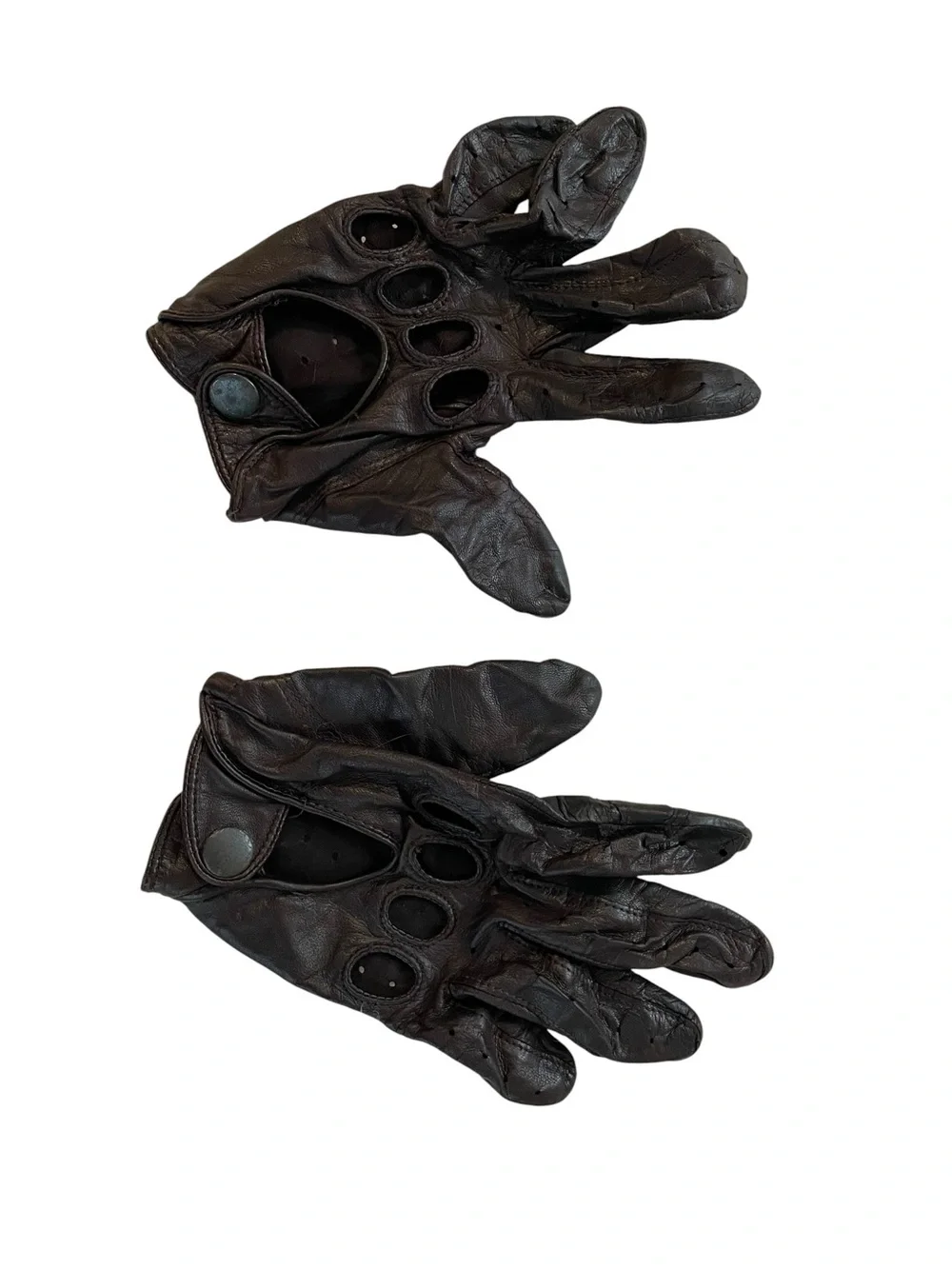 Vintage Brown Leather Driving Gloves Perforated Snap Wrist Unlined Moto Women’s